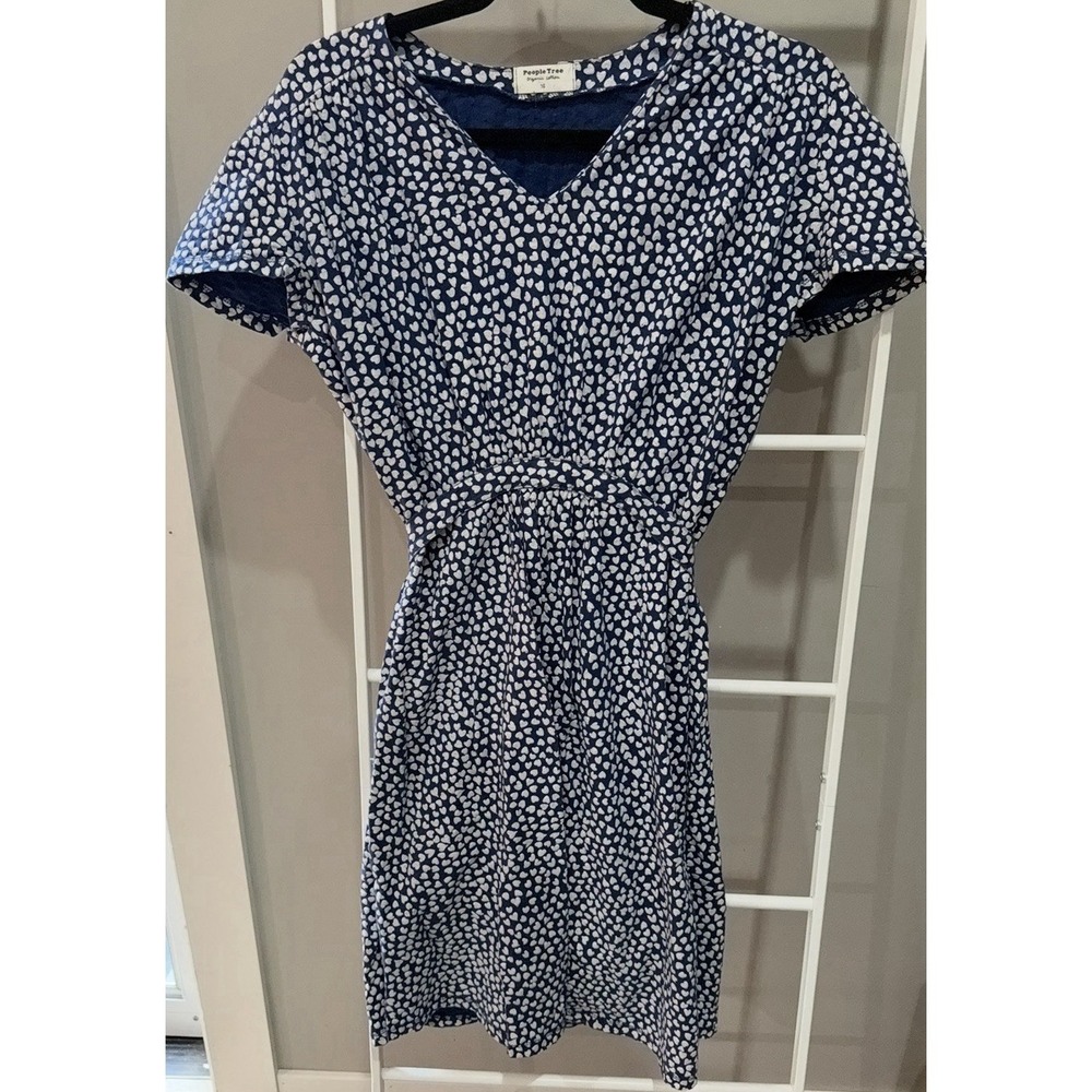 People Tree Heart Print Blue White Knee Length Dress 100% Organic‎ Cotton Sz 16